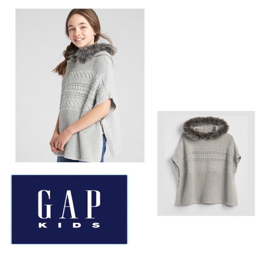 GAP Kids Grey Cable Knit Faux Fur Sweater Poncho Size XS LIKE NEW